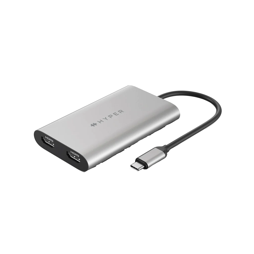 Un adaptador Hyper plateado con dos puertos HDMI y un cable USB-C.