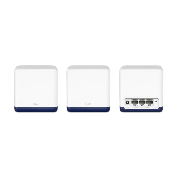 Tres dispositivos Halo blancos con detalles azules y varios puertos.