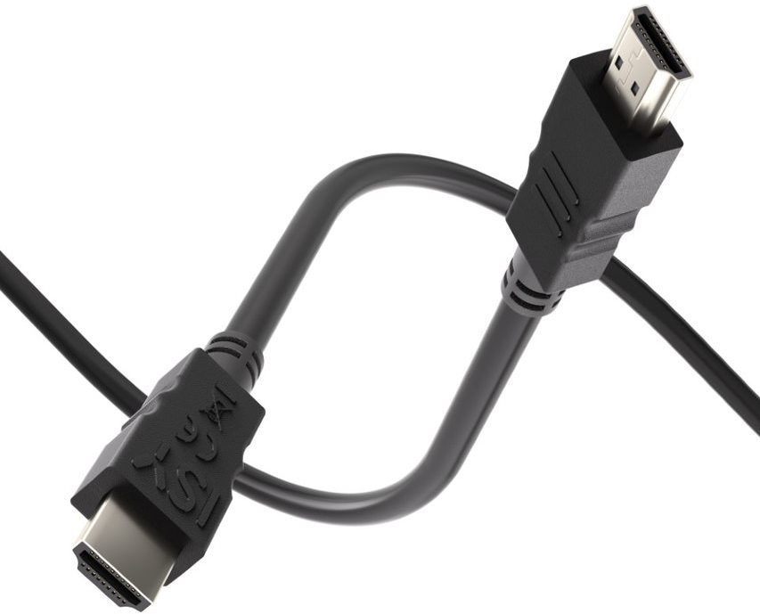 Schwarzes HDMI-Kabel mit Anschlüssen an beiden Enden, in einer Schleife gebogen, weißer Hintergrund.