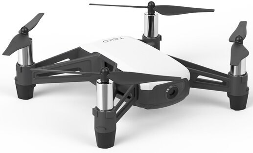 Biało-czarny dron z czterema śmigłami, pochylony na białej powierzchni.