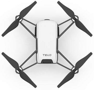 Widok z góry na biały dron z czarnymi śmigłami. Na górze napis Tello.
