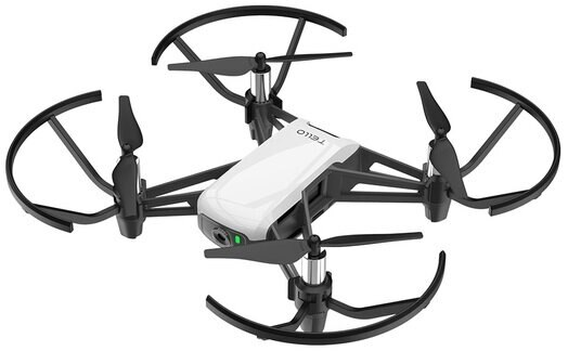 Biały dron z czarnymi śmigłami. Mała kamera z przodu, czarne osłony śmigieł.