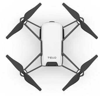 Biały dron, czarne śmigła, widok z góry na białym tle.