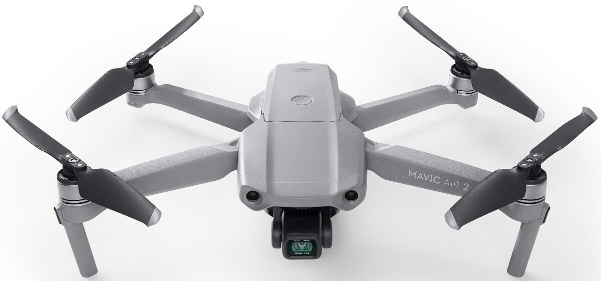 Szary dron Mavic Air 2, śmigła, kamera, białe tło.
