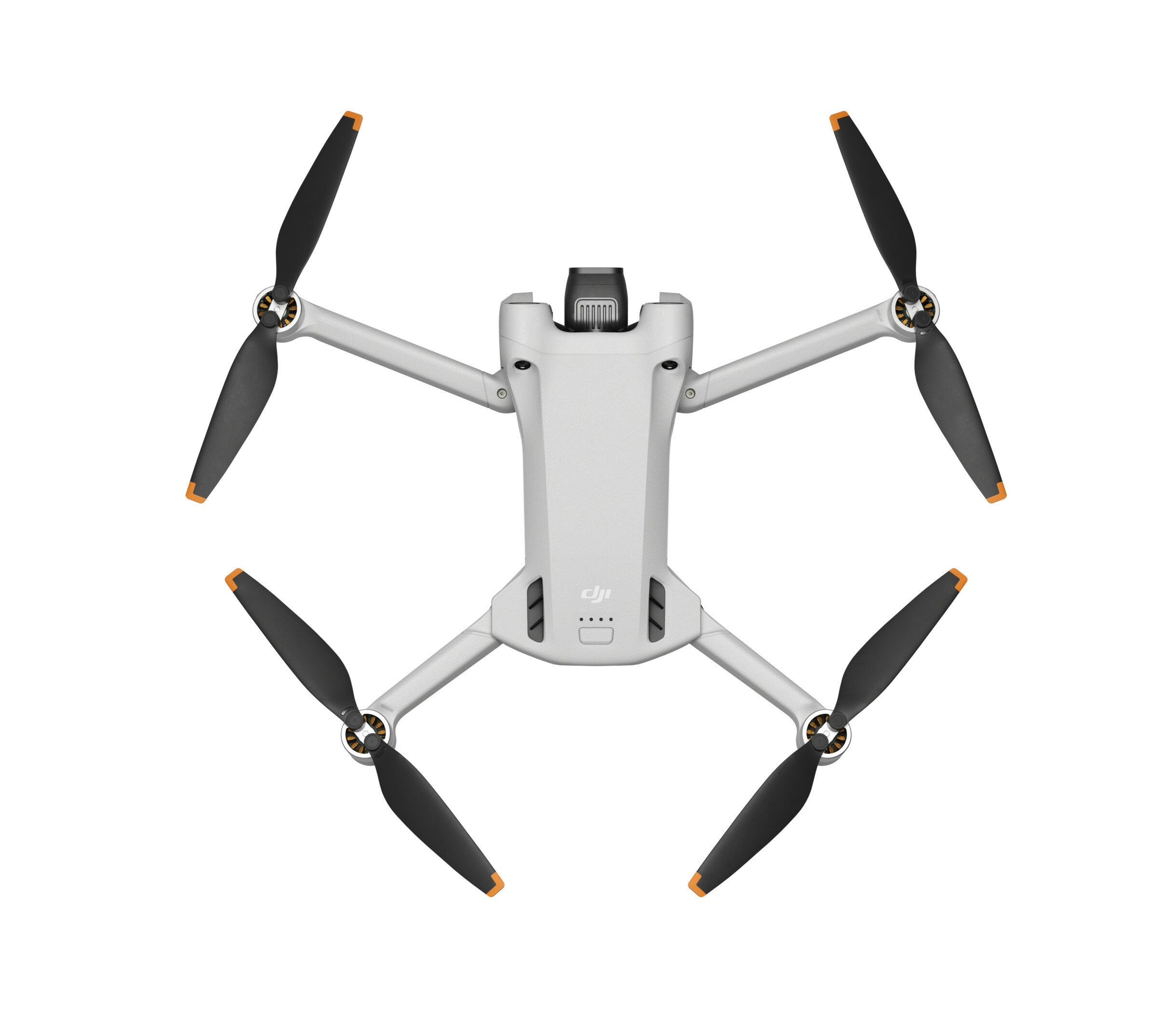 Biały dron z czterema czarnymi śmigłami z pomarańczowymi końcówkami. Jest na białym tle.