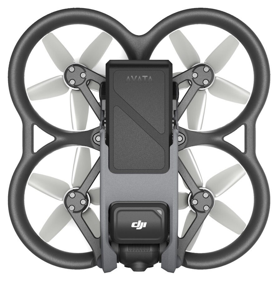 Dron DJI, czarny i szary, widok z góry, z klatką wokół śmigieł.