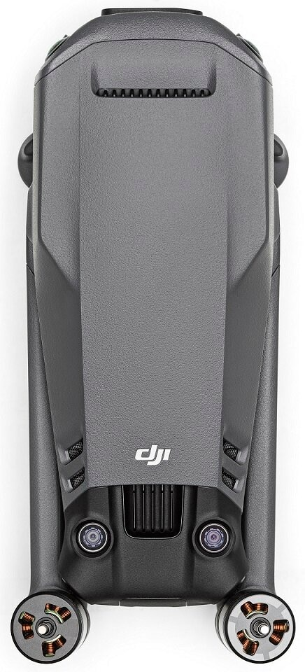 Widok z góry na szarego drona DJI. Czarne detale, dwa aparaty i logo.