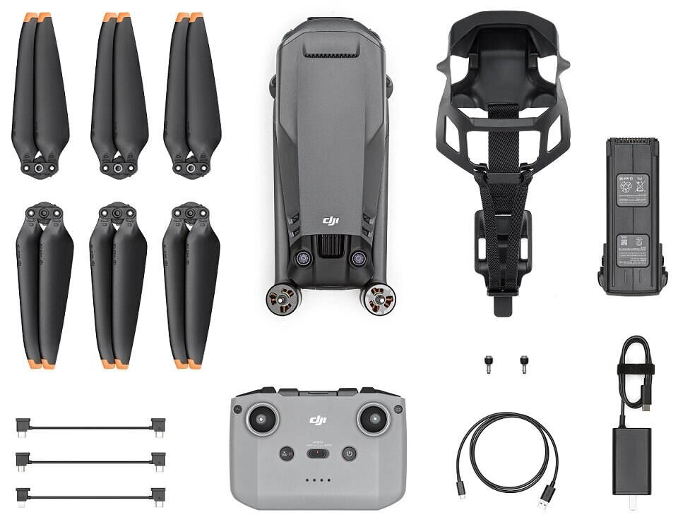 Rozłożone części drona. Zawiera drona, śmigła, kontroler, baterię, ładowarkę i kable.