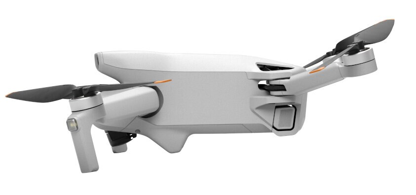 Biały dron z czarnymi śmigłami i pomarańczowymi akcentami na białym tle.
