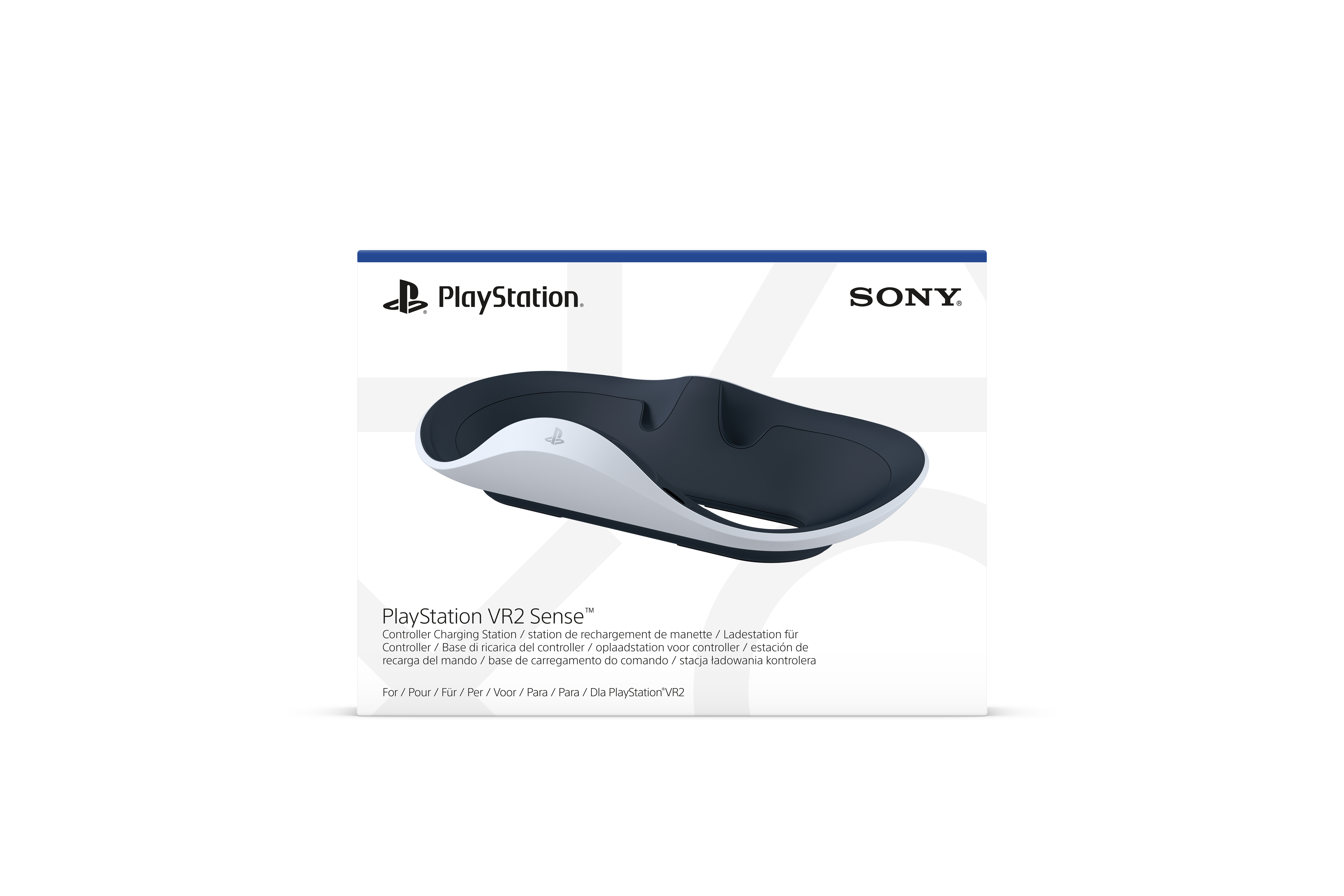 PlayStation VR2 Sense Ladestation in weißer Box, mit PlayStation und Sony Logos.