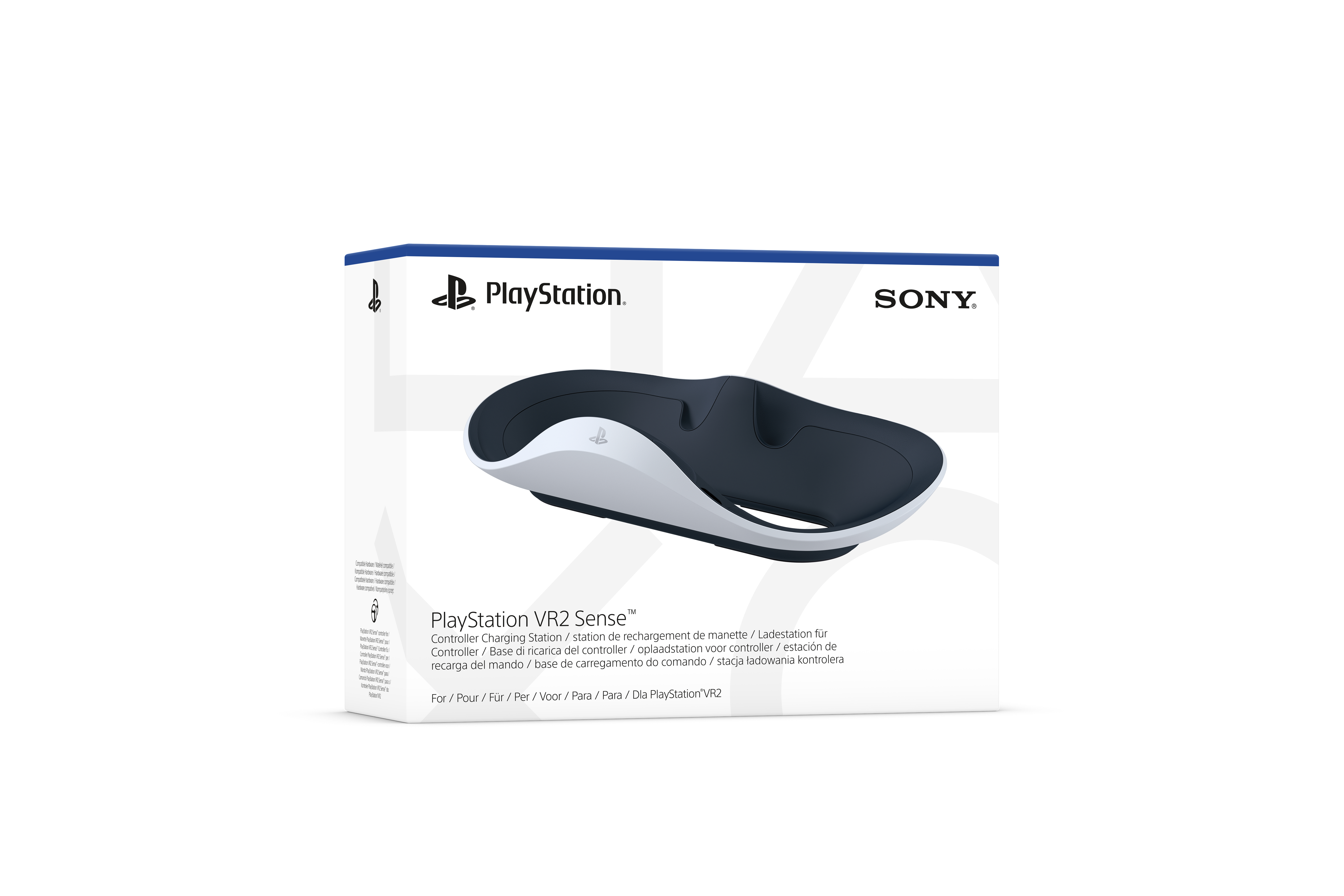 PlayStation VR2 Sense Ladestation in einer weißen Box, mit PlayStation- und Sony-Logos.