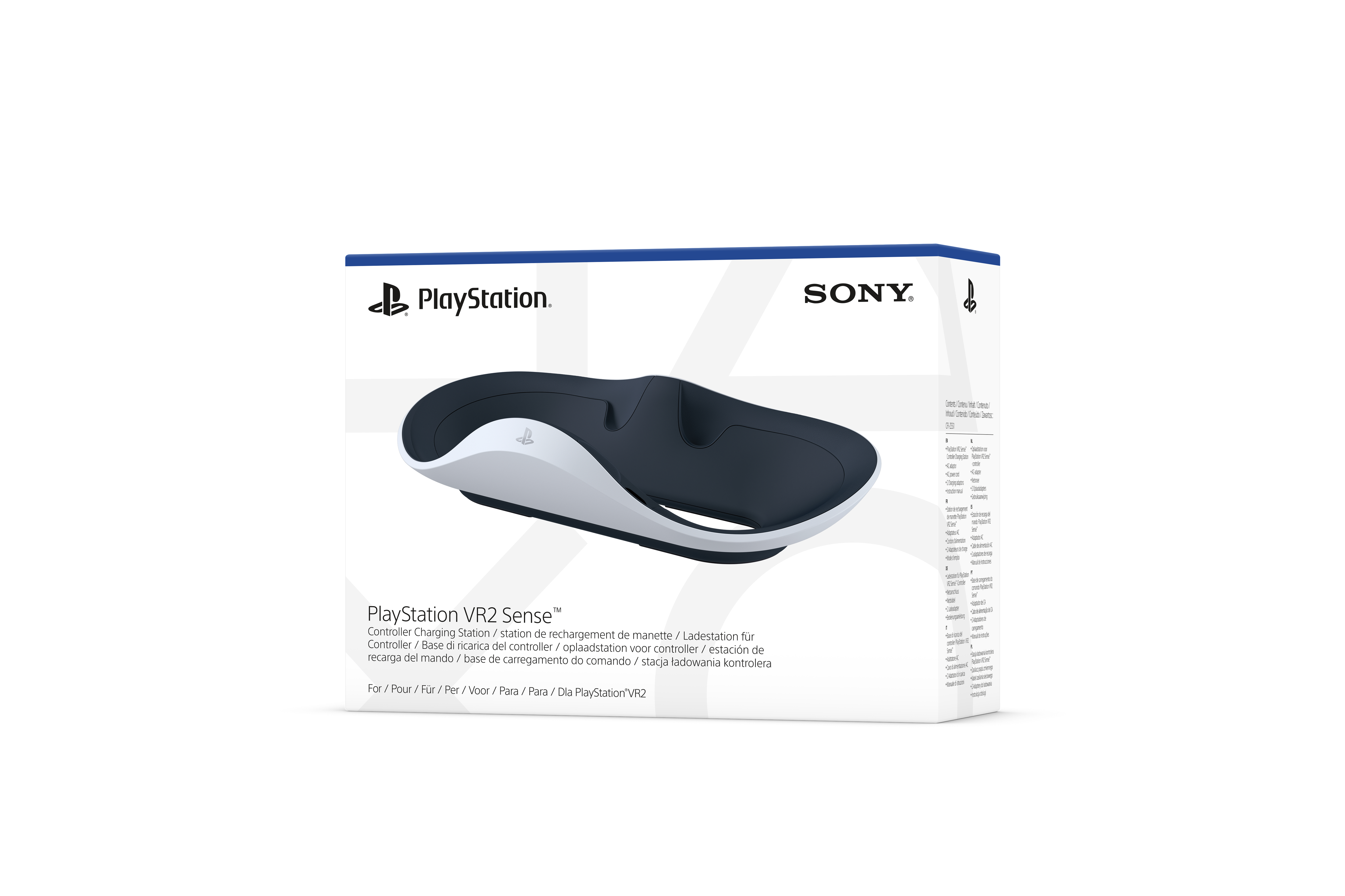 PlayStation VR2 Sense Controller Ladestation Box. Weißes und schwarzes Design.