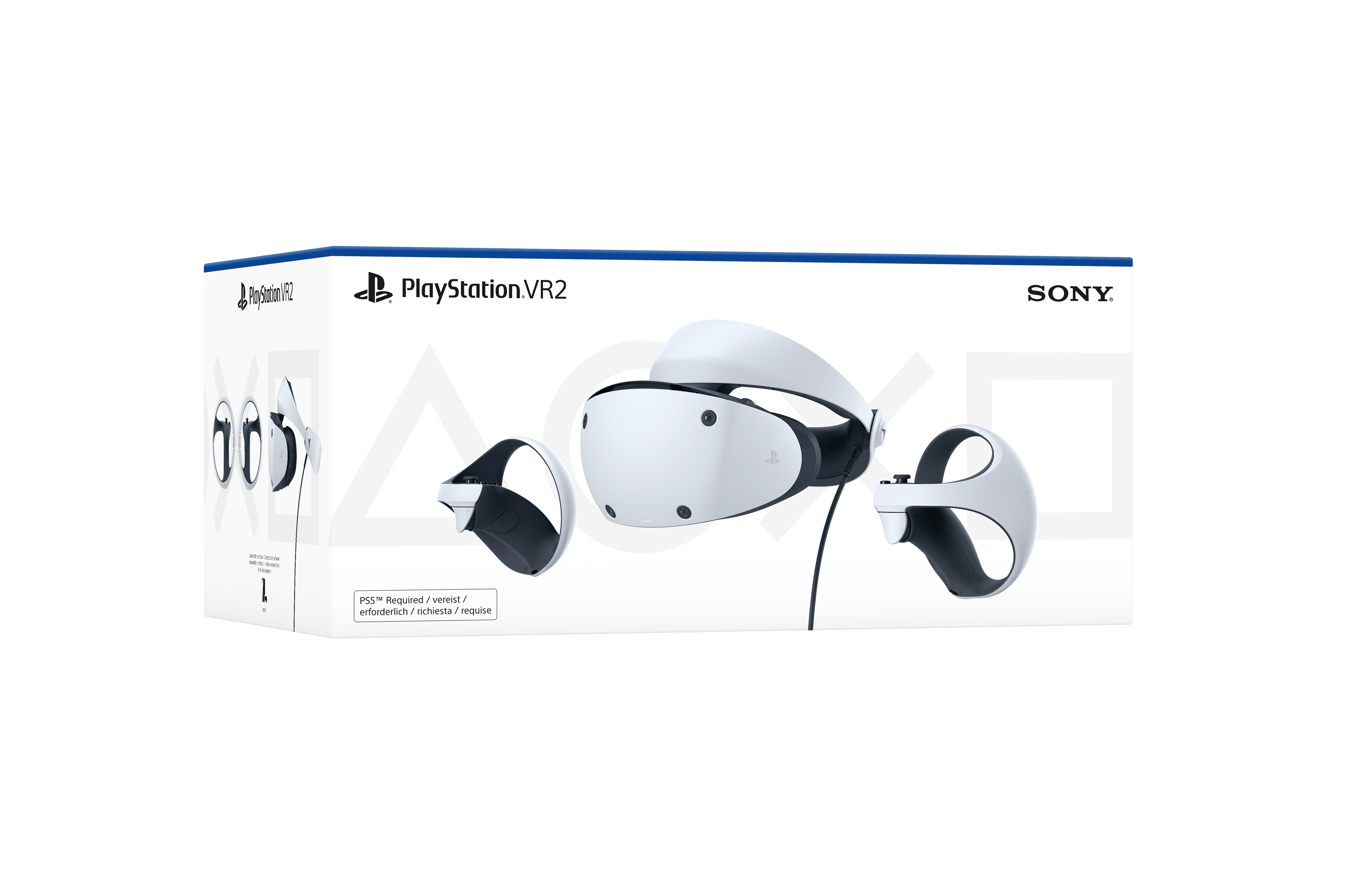 PlayStation VR2-Box mit VR-Headset, Controllern und Zubehör.
