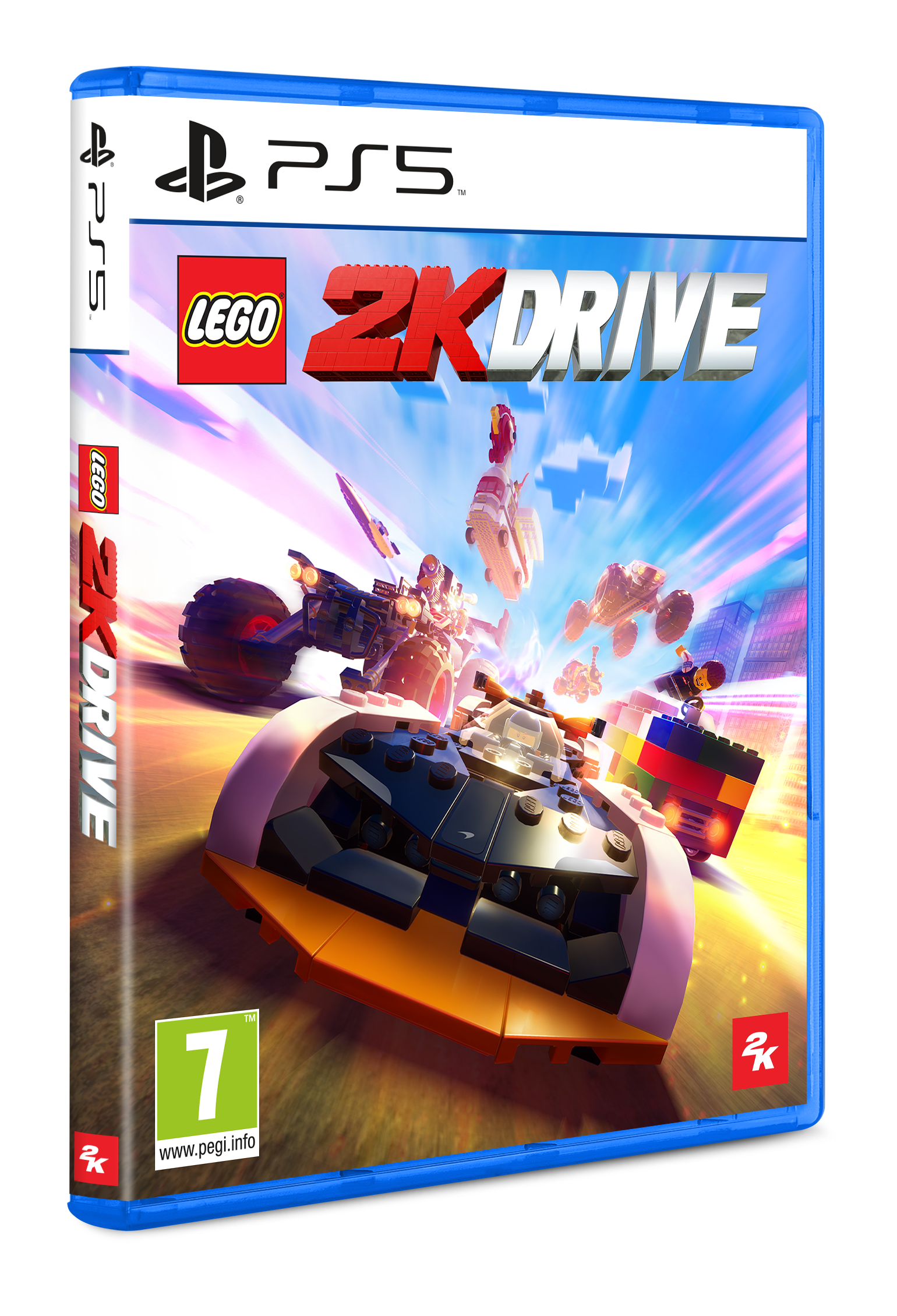 Lego 2K Drive PS5 oyun kutusu, Lego araçları ve karakterlerinin canlı grafikleriyle.