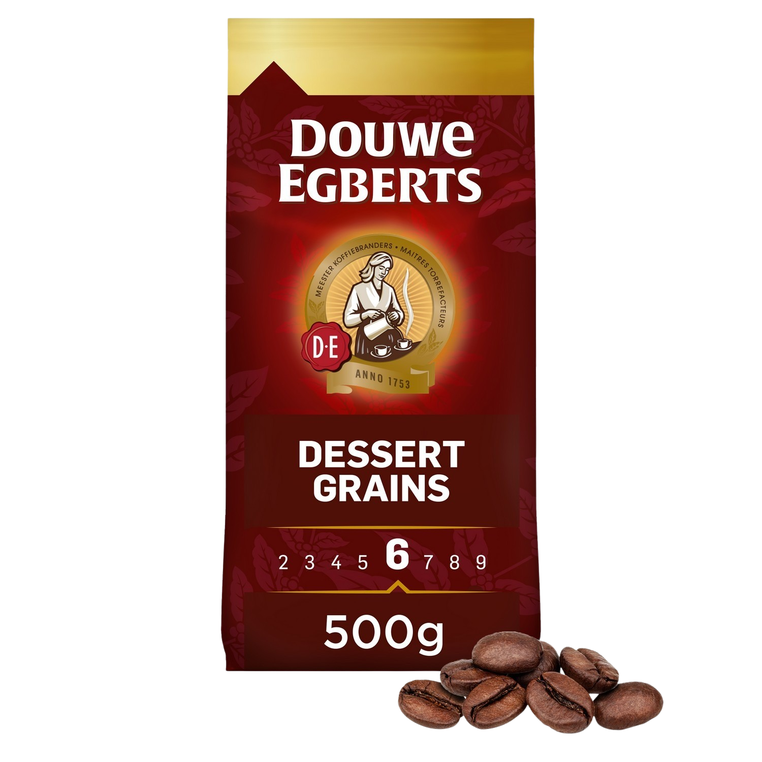 Koffiezak met 'Douwe Egberts' label, 'Dessert Grains' tekst, koffiebonen.
