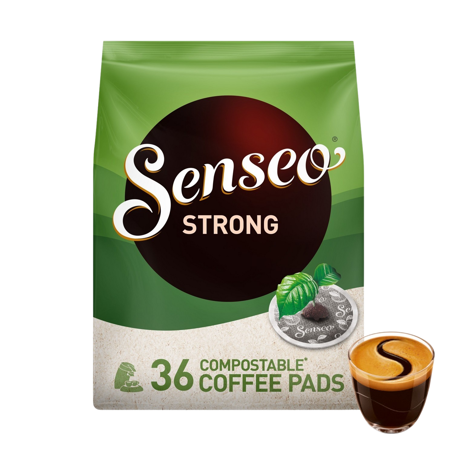 Un sac vert de dosettes de café Senseo Strong avec une tasse de café et une dosette.