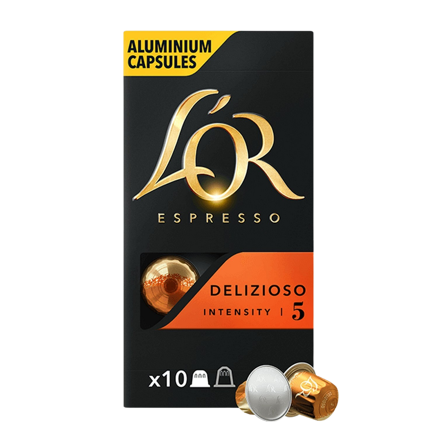 Capsules de café dans une boîte noire et dorée. Capsule de café dorée en bas.