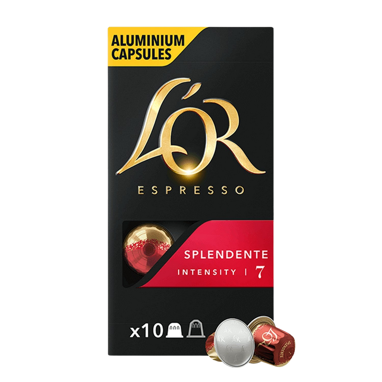 Boîte de capsules de café L'Or Espresso avec capsules rouges et dorées.