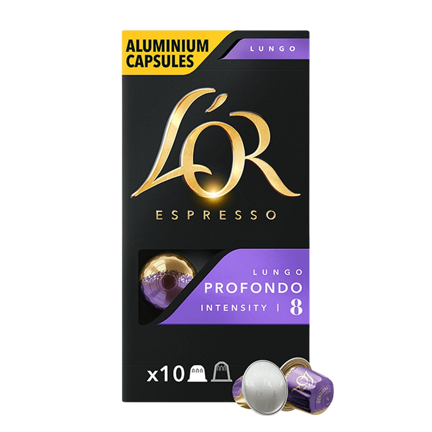 Une boîte noire de capsules de café L'OR espresso. Elle contient du texte doré et une capsule violette.