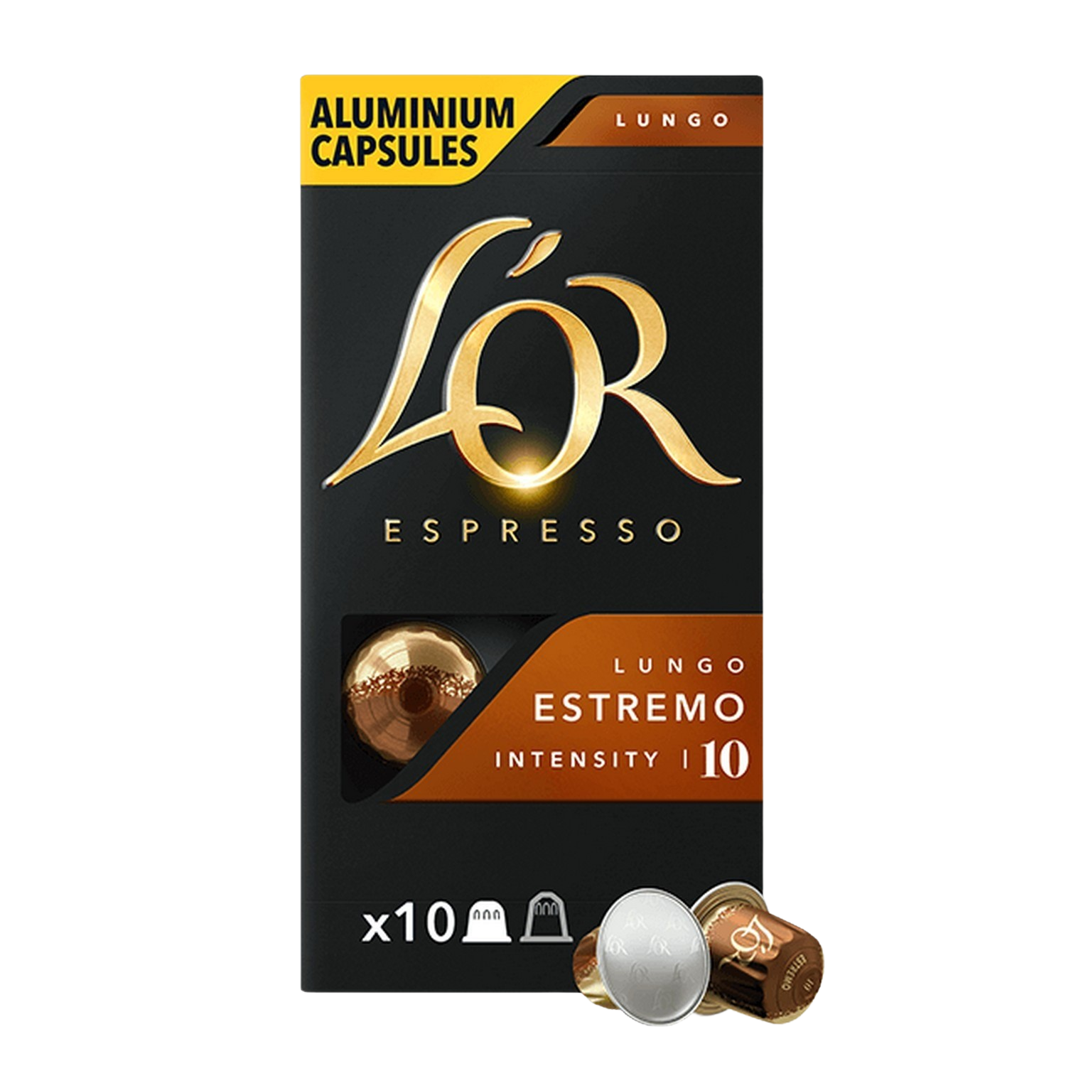 Capsules de café L'OR espresso dans une boîte noire et dorée, avec capsules dorées.
