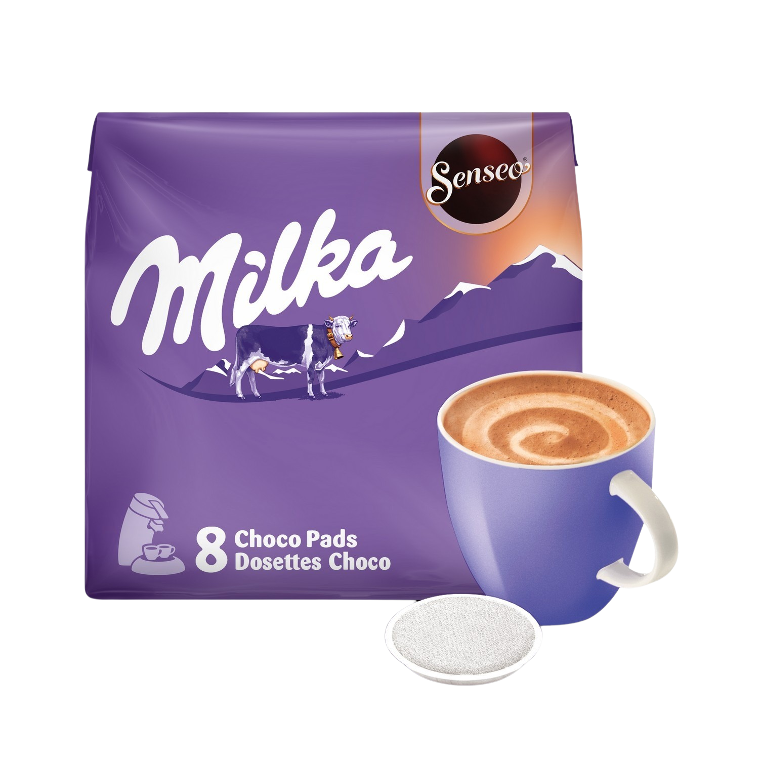 Dosettes de chocolat Milka et une tasse de chocolat chaud. Emballage violet avec un graphisme de vache. Fond blanc.