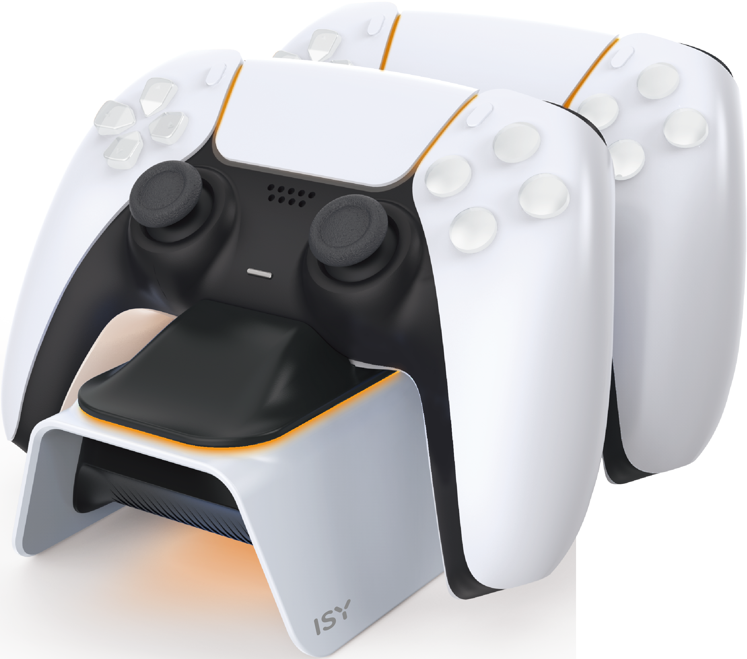 Manette PS5 blanche et noire sur station de charge blanche avec accents orange.