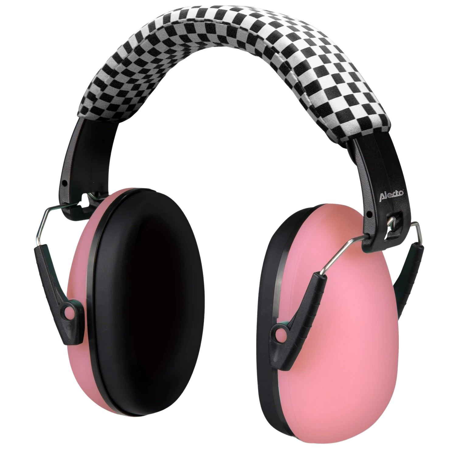 Casque rose Alecto pour enfants avec des oreillettes noires et un bandeau à carreaux noir et blanc.