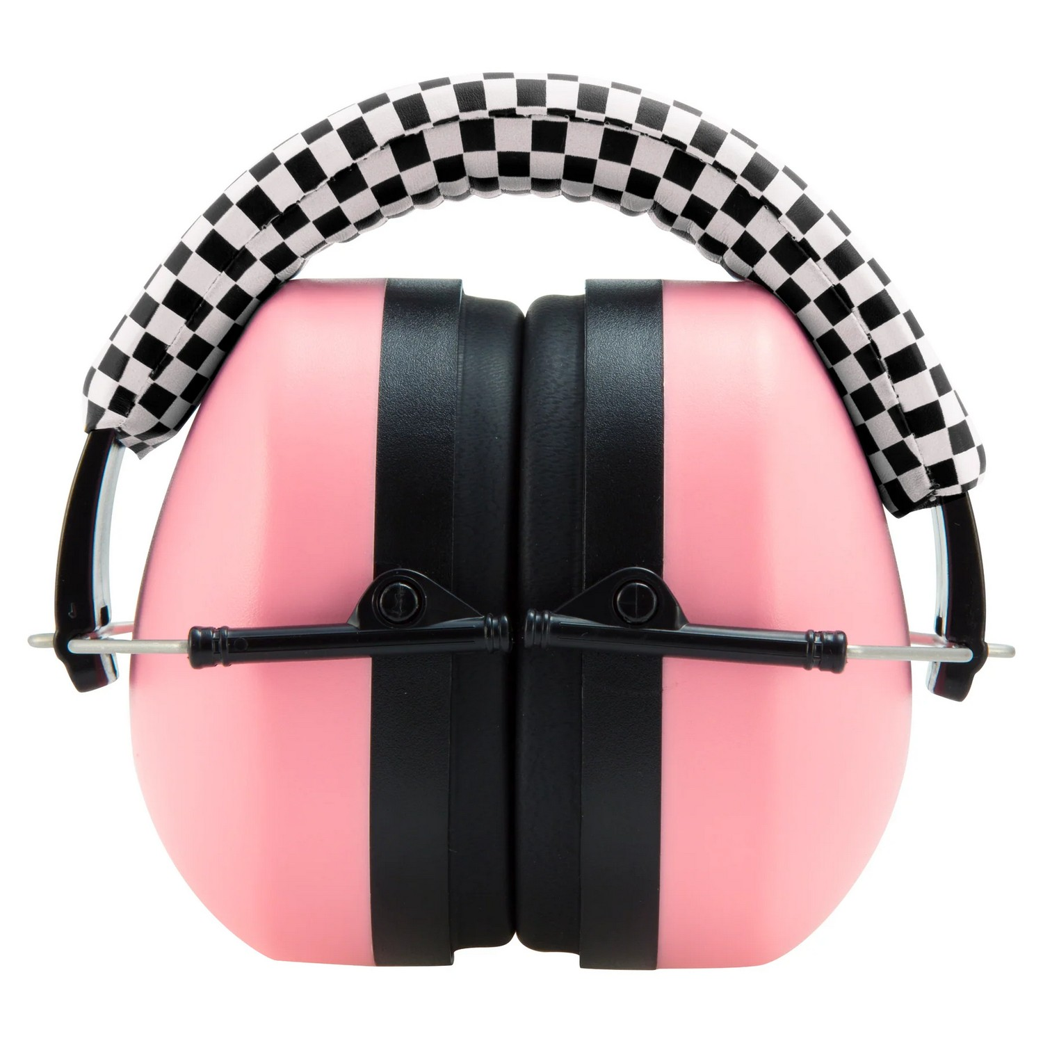 Cache-oreilles roses avec bandeau à carreaux noir et blanc, accents noirs, sur fond blanc.