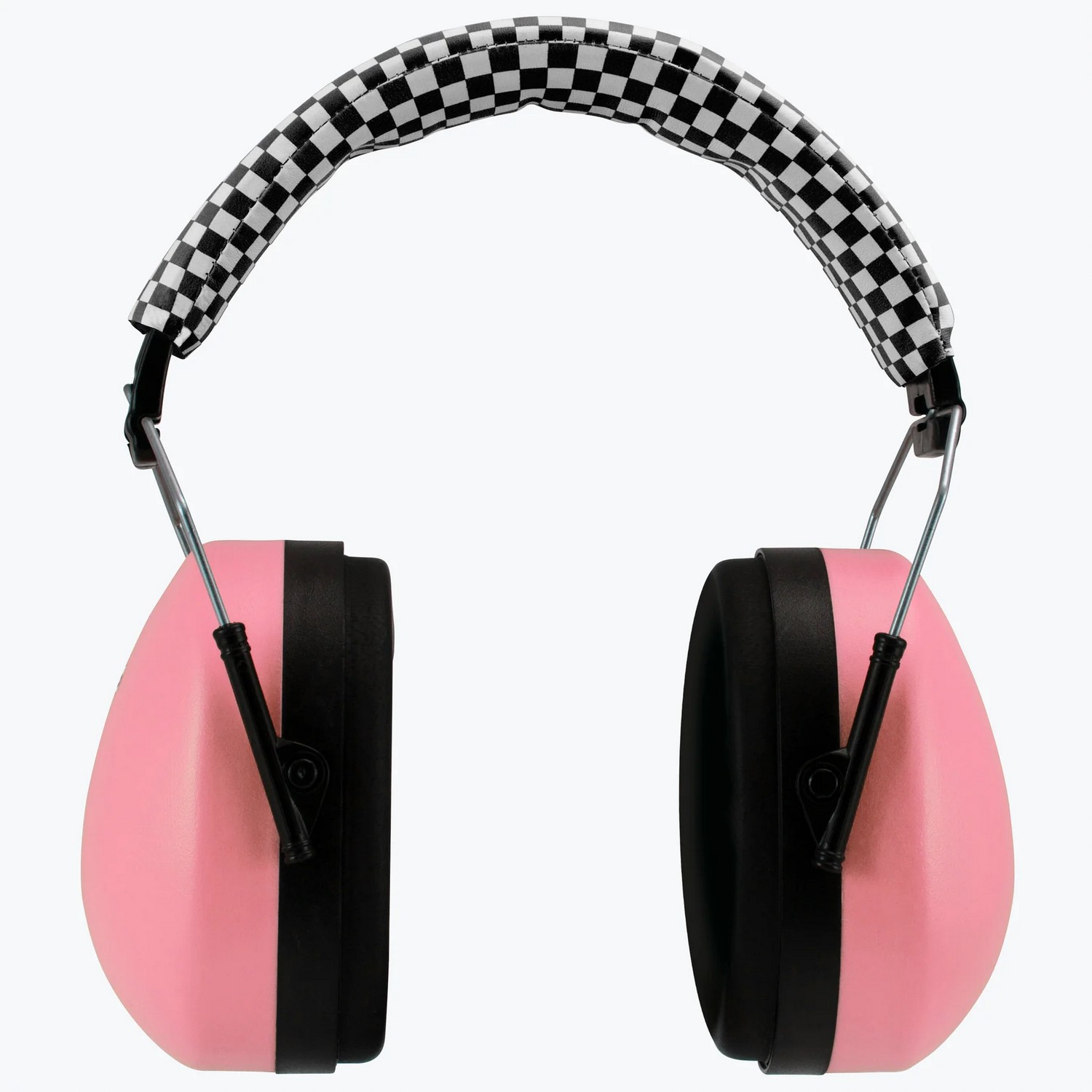 Cache-oreilles roses avec un bandeau à carreaux et des bords noirs, conçus pour la réduction du bruit.