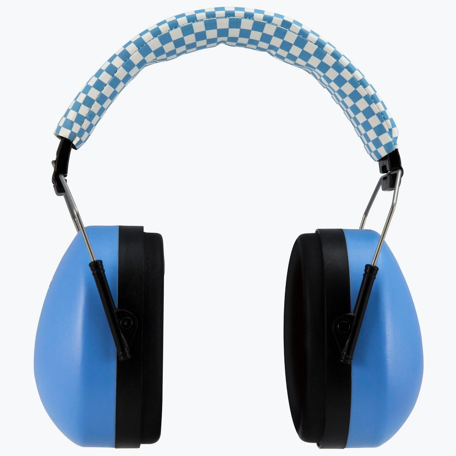 Cache-oreilles bleus avec serre-tête à carreaux, sur fond blanc.