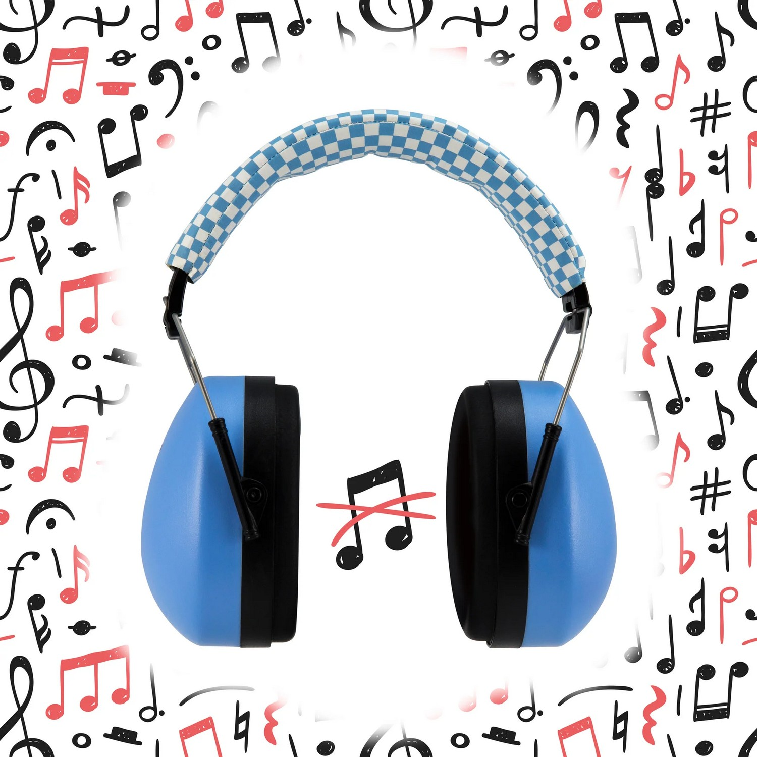 Cache-oreilles bleus avec une bande à carreaux, entourés de notes de musique sur fond blanc.