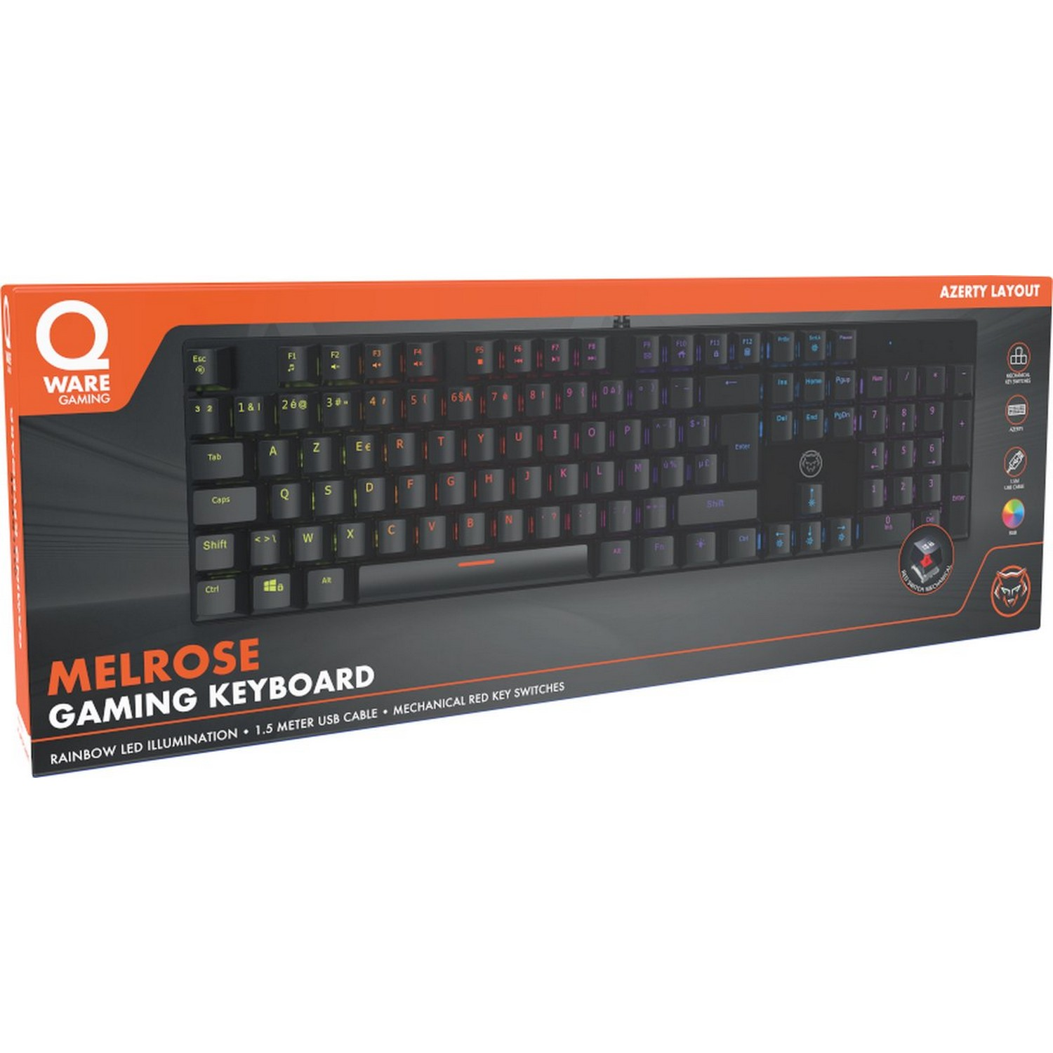 Melrose gaming toetsenbord met regenboog LED-verlichting en rode switches.