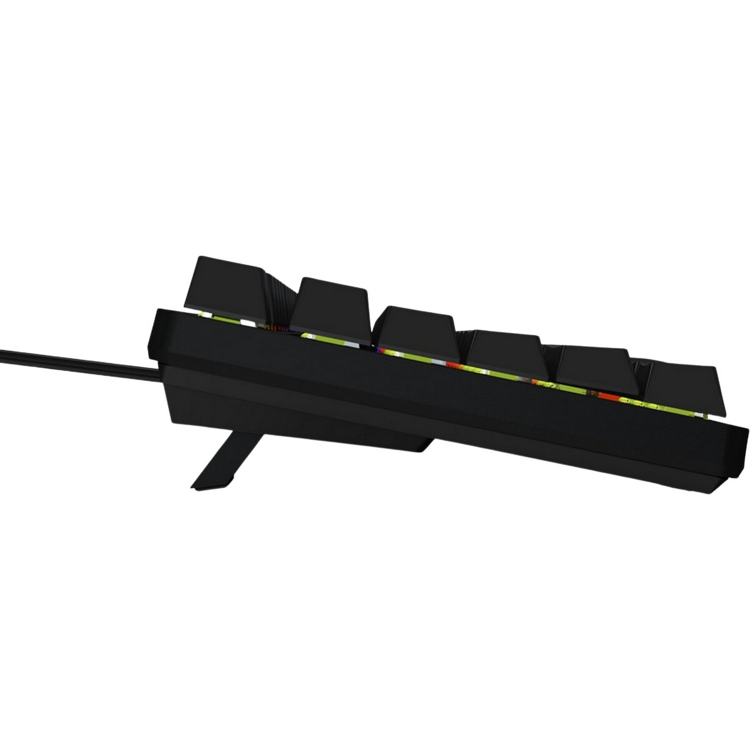 Zwart mechanisch toetsenbord, zijaanzicht. Toetsen zijn zwart en verhoogd. Kleurrijke details op de keycaps.