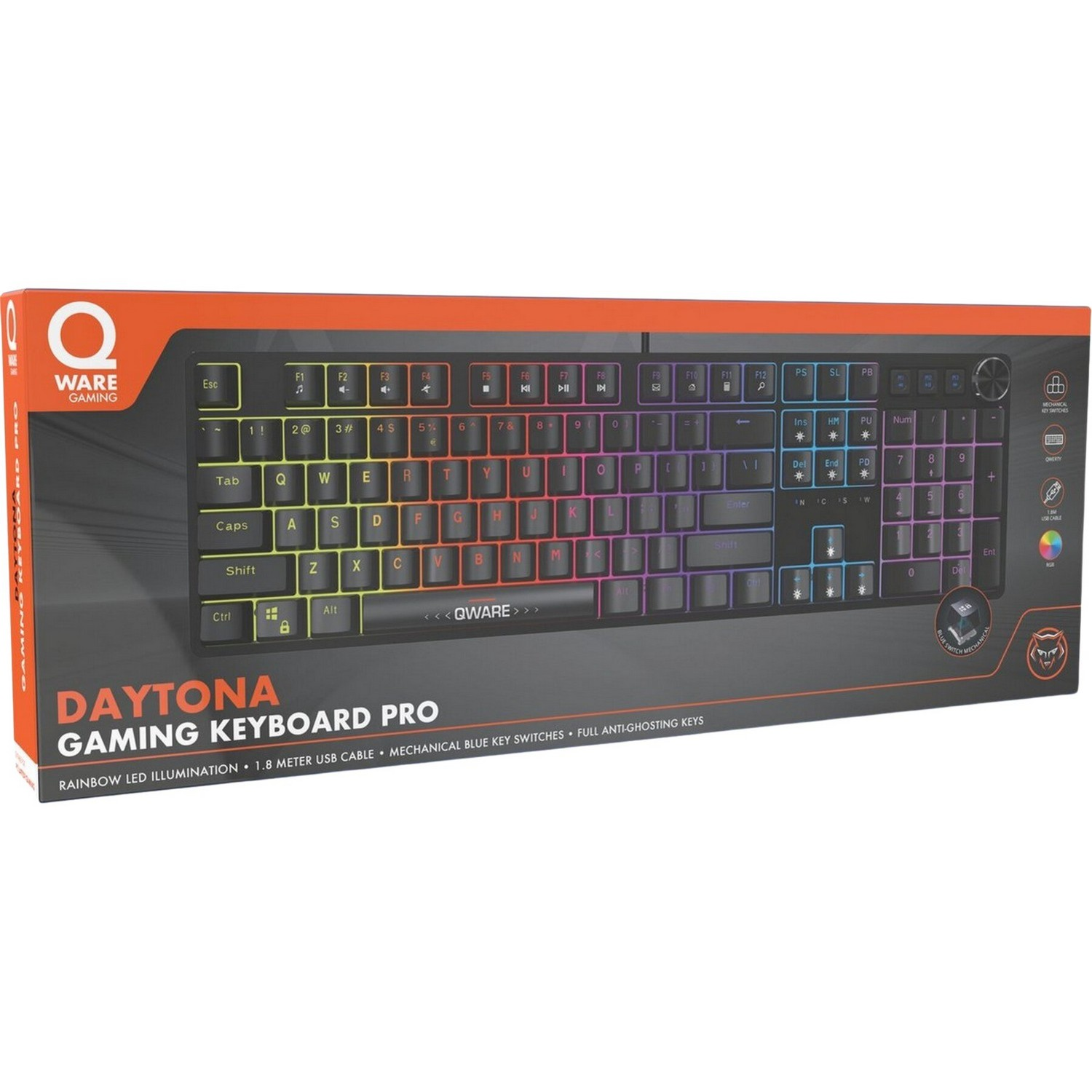 Daytona gaming-toetsenbord in doos. Regenboogverlichting. Zwart met gekleurde toetsen.