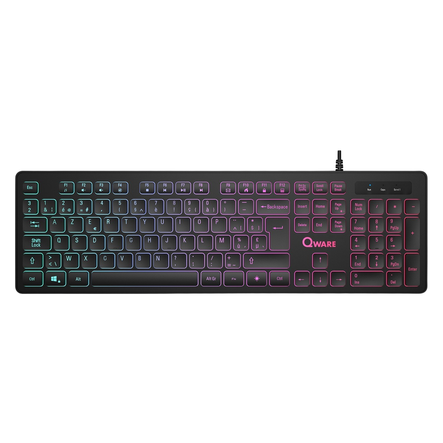 Black keyboard with colored keys, Qware brand. Keys include letters, numbers, and function keys.