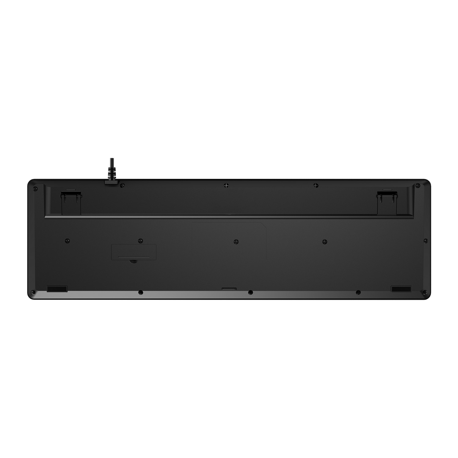 Black keyboard bottom view. Has a cable, multiple screws, and a small rectangle.