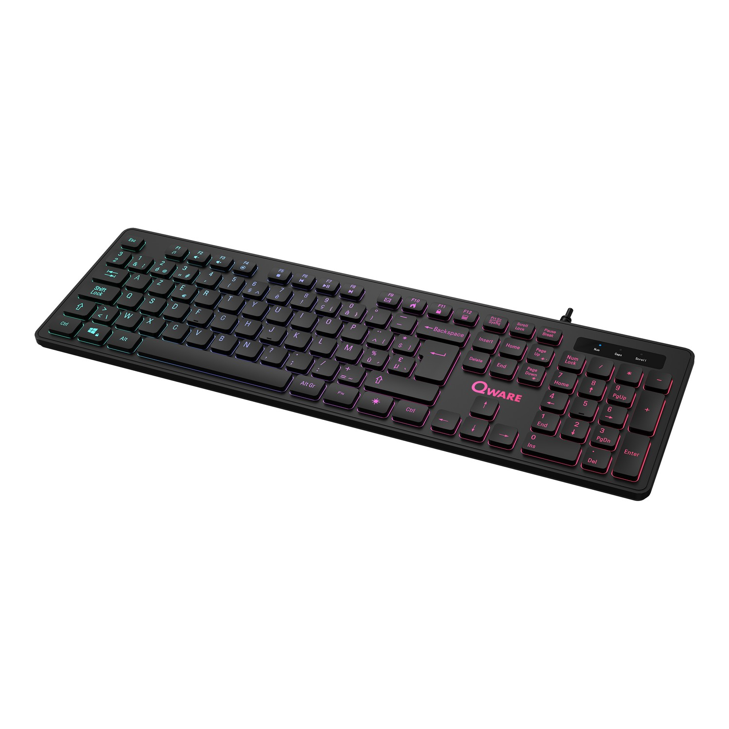Black keyboard with illuminated keys in purple and blue. The keyboard is on a white surface.