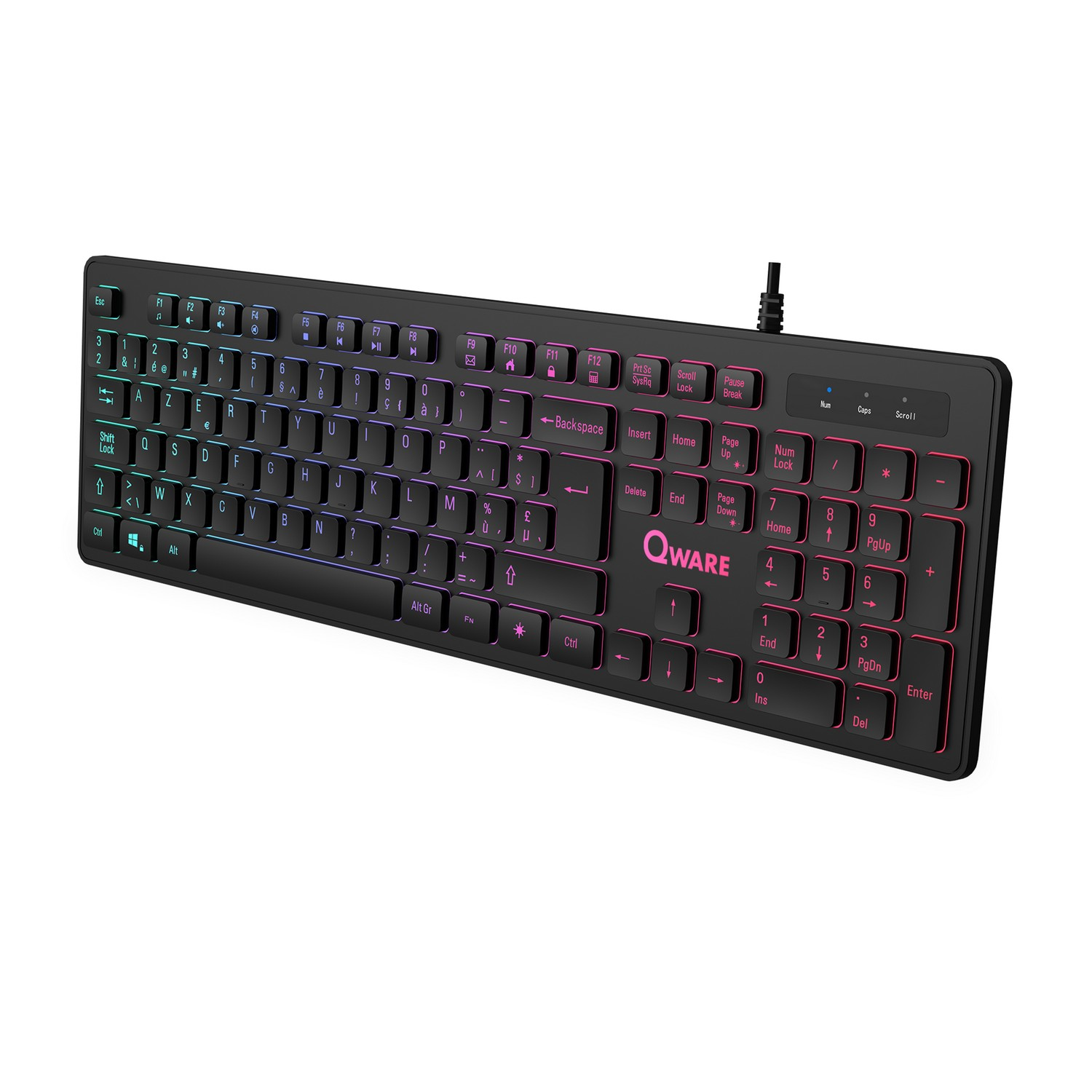 RGB keyboard, black with colorful keys, angled view.
