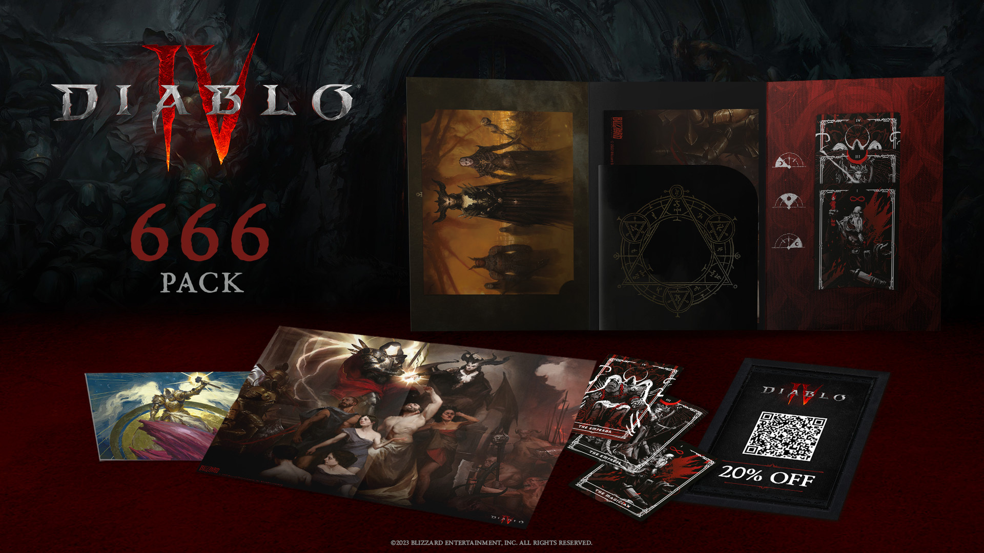 Diablo IV 666 Pack. Arte de la portada, cartas del juego y cupón 20% descuento sobre fondo rojo oscuro.