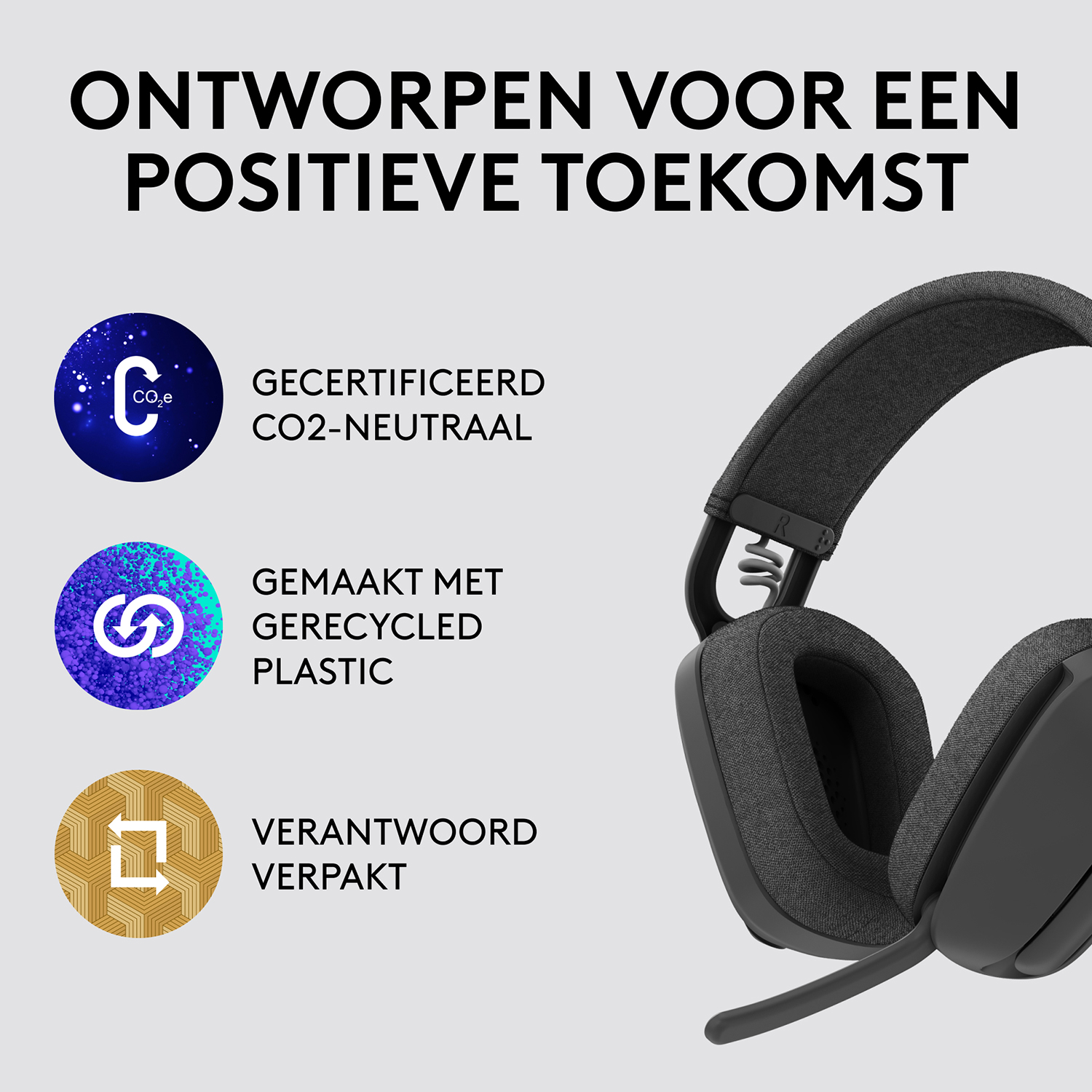 Black headphones with a microphone and text about being certified, recycled, and responsibly packed.