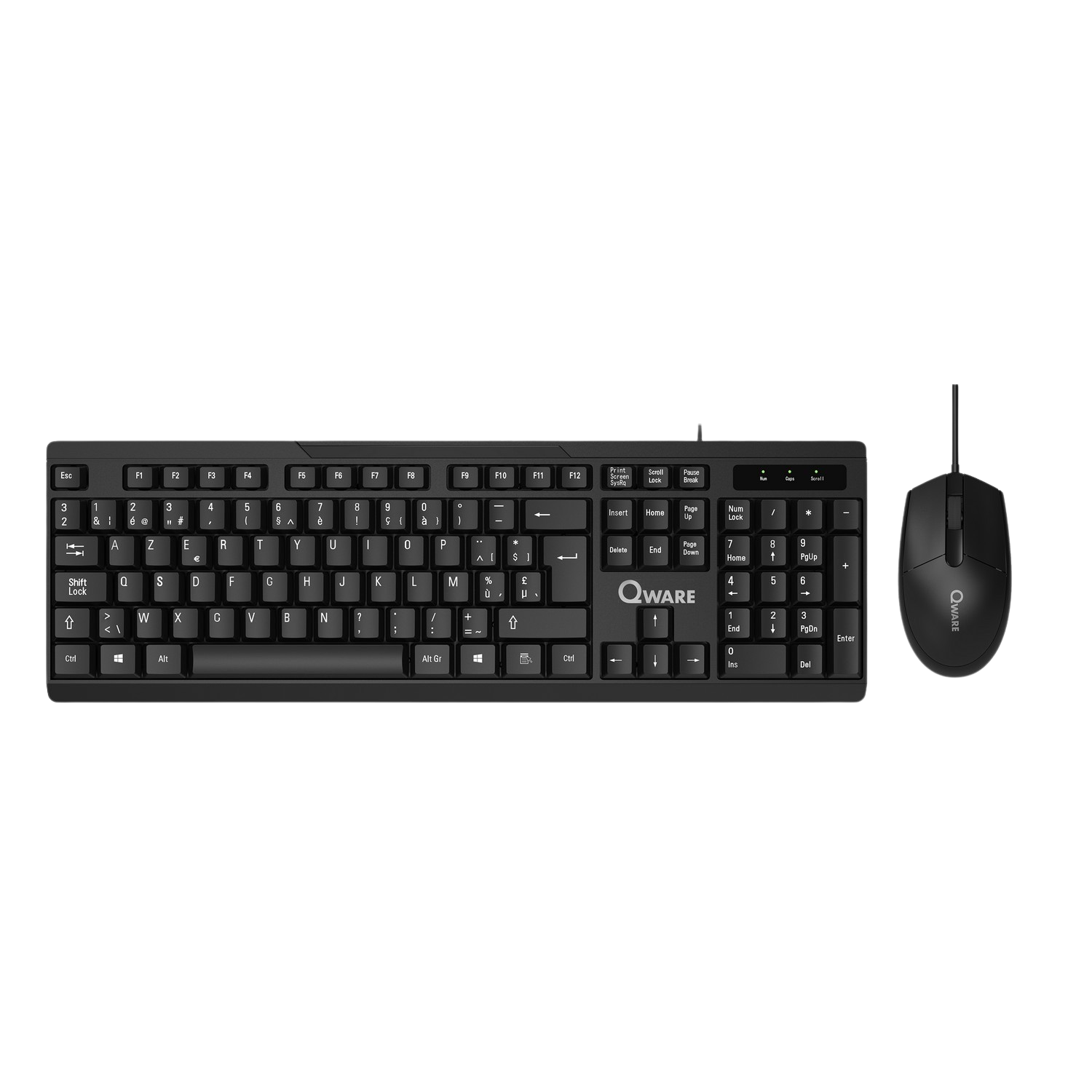 A black Qware keyboard and mouse combo. The keyboard has white keys and a number pad.