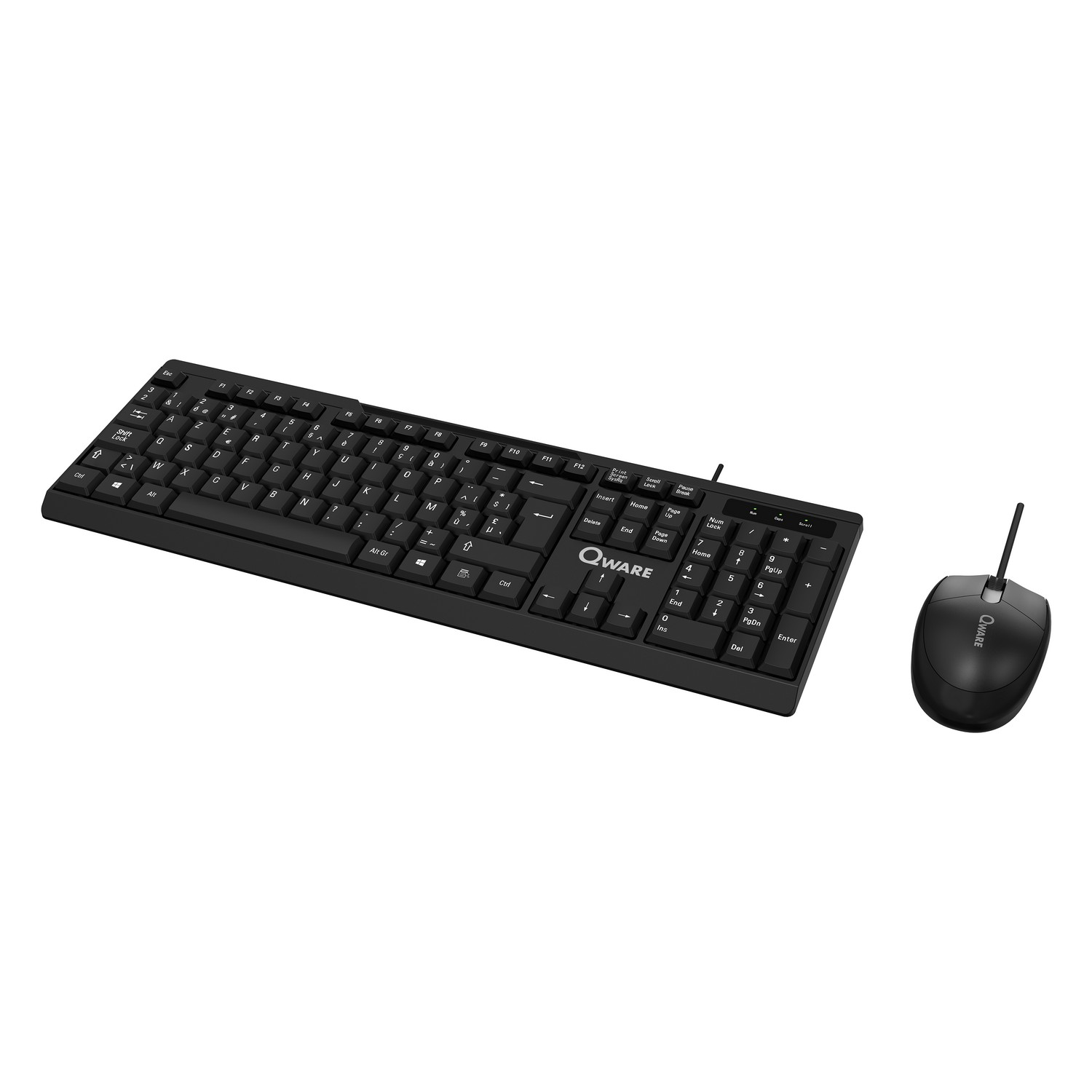 Black keyboard and mouse, wired, on white background.