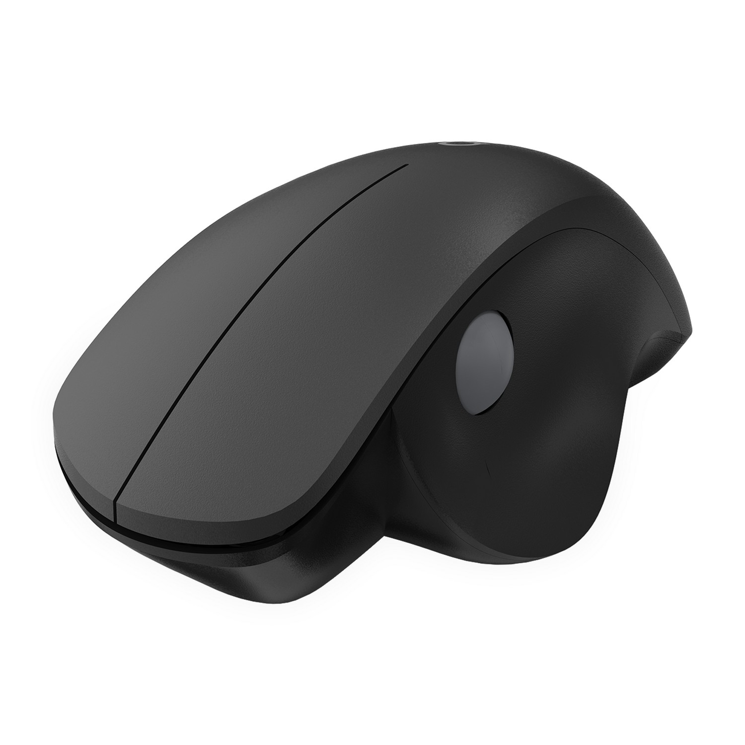 A black computer mouse with a gray scroll wheel, seen from a side angle.