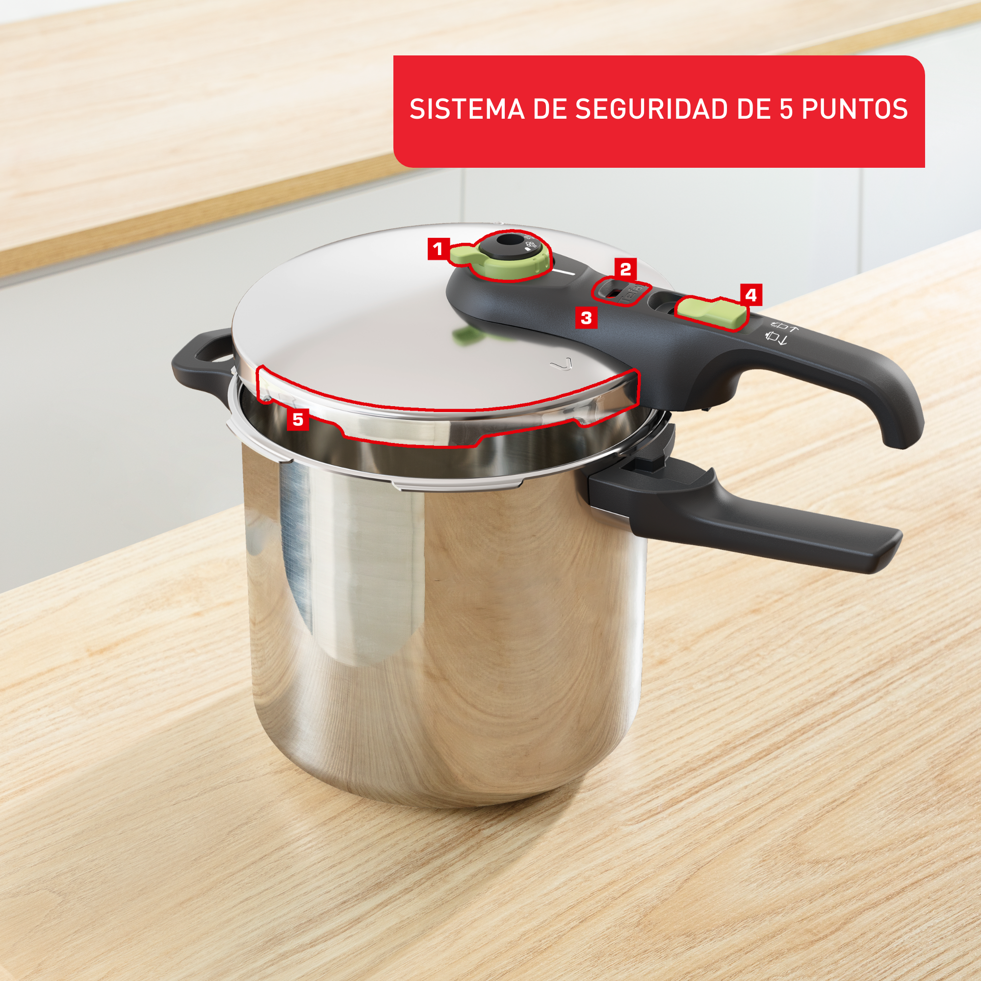 Una olla a presión de acero inoxidable sobre una superficie de madera, resaltando funciones de seguridad.