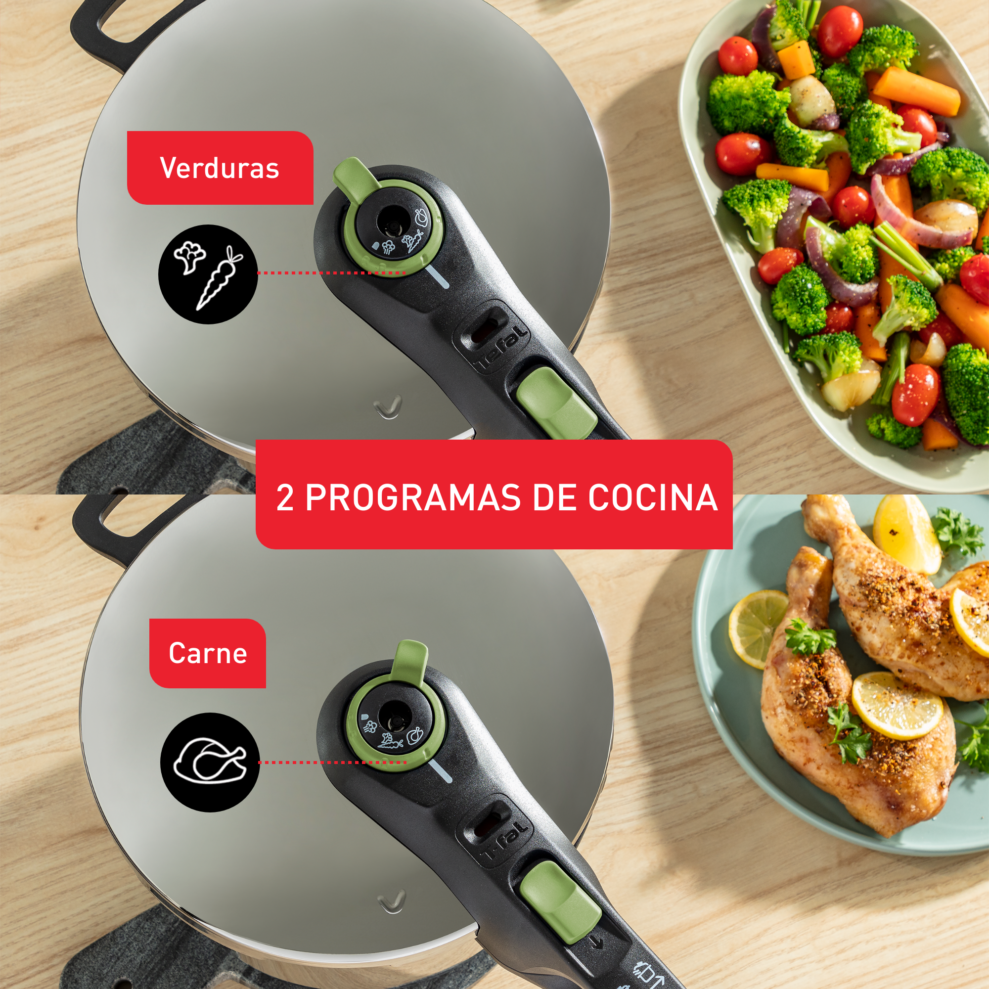 Dos sartenes con tapas, una con verduras, otra con pollo. Asa verde y texto indican modos de cocción.