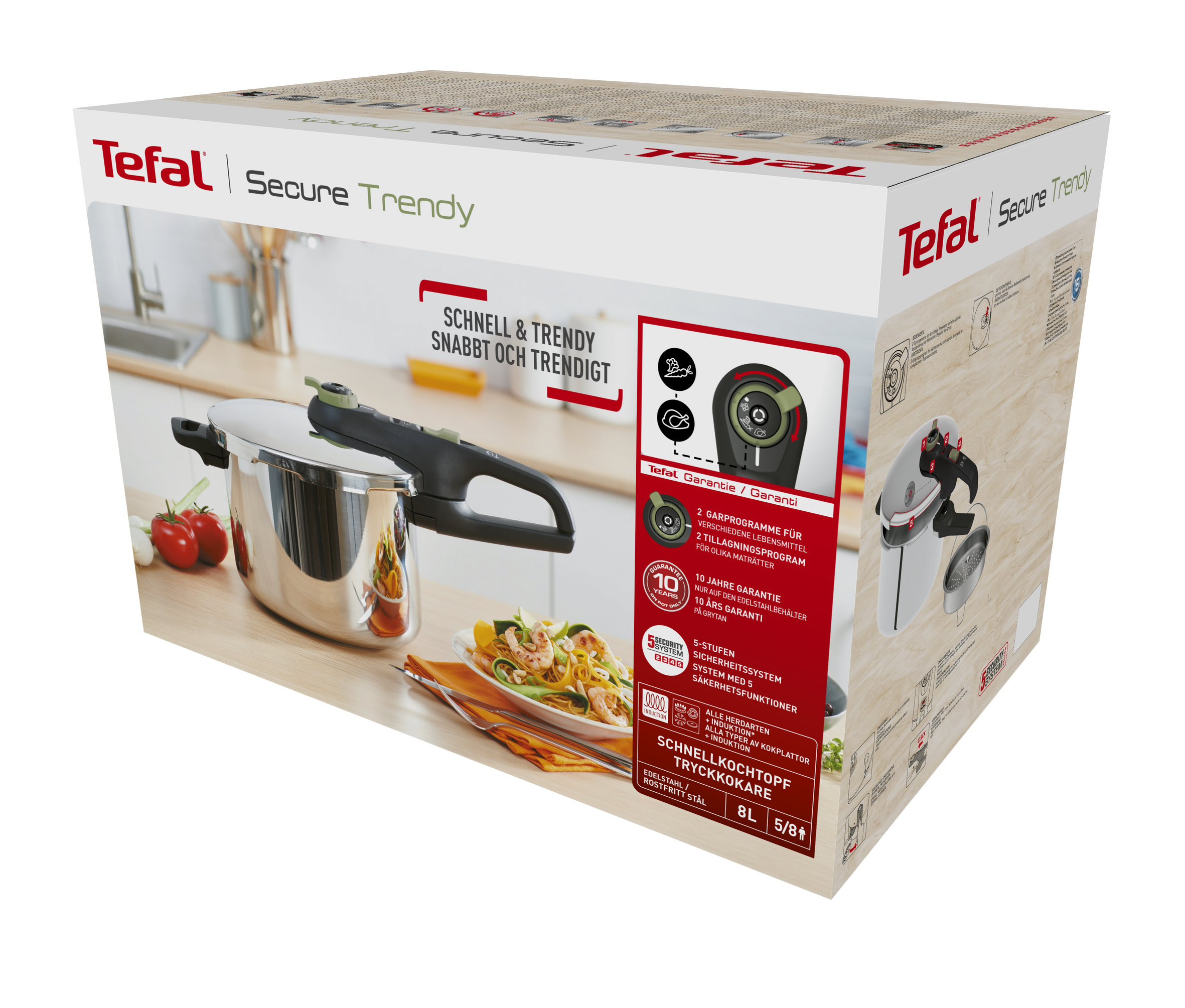 Caja de olla a presión Tefal con imágenes de la olla y comida, texto en varios idiomas.
