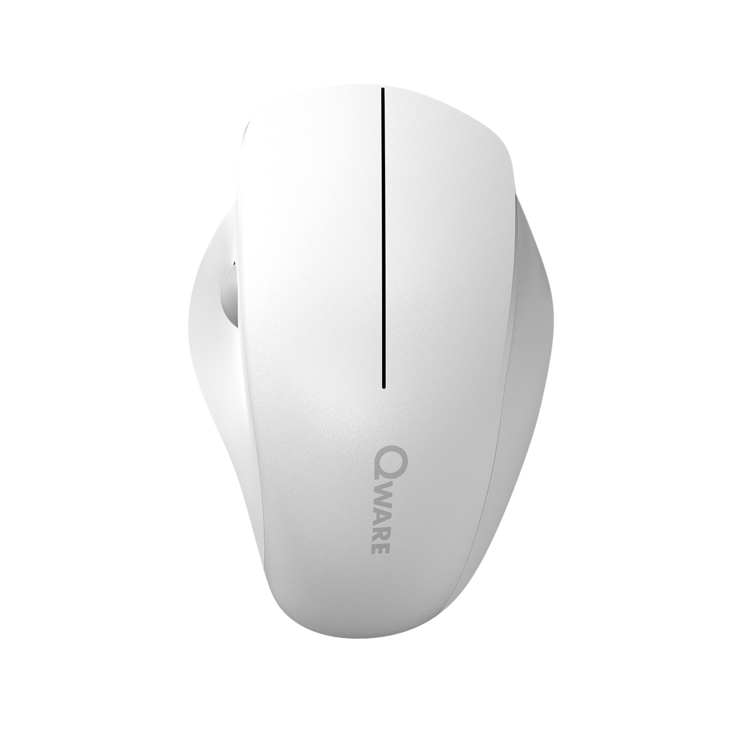 White computer mouse with a black line, Qware logo, and a black background.
