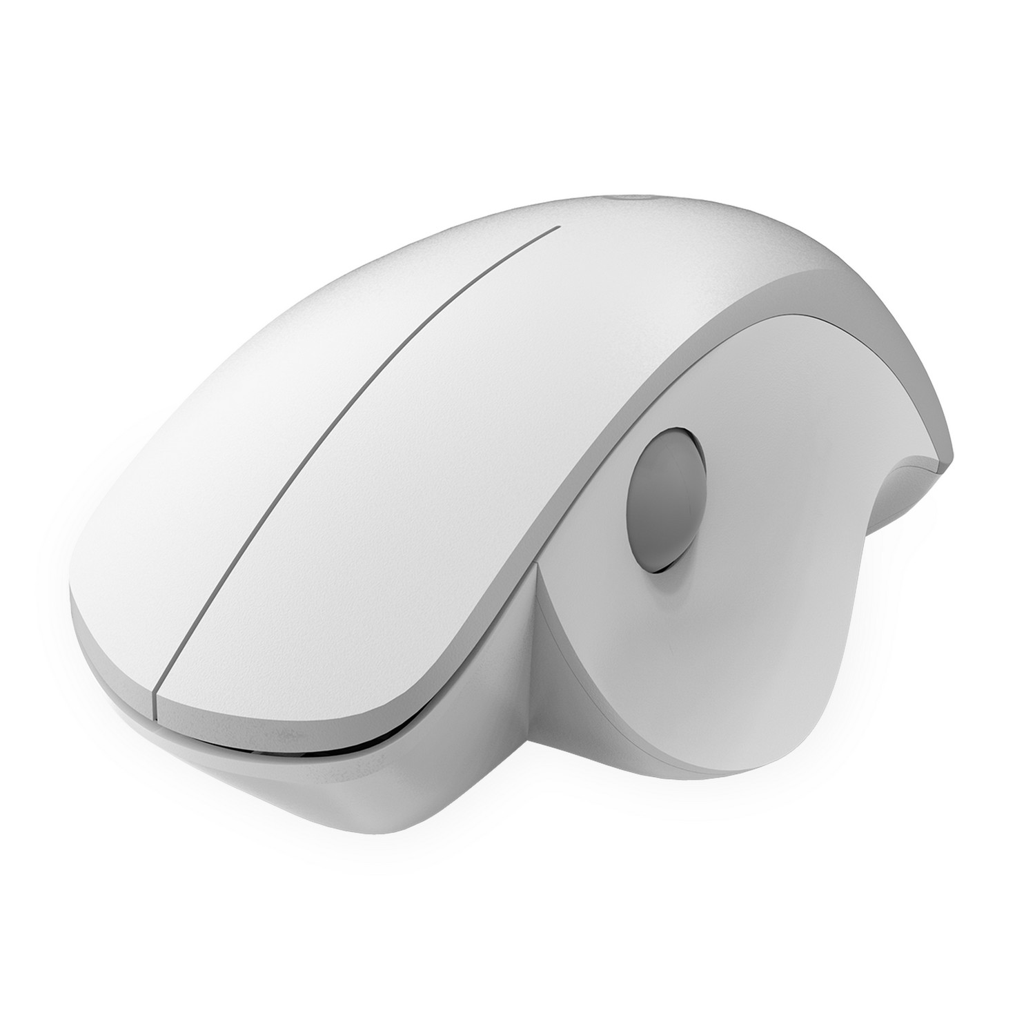 White computer mouse with a grey scroll wheel on a white background.