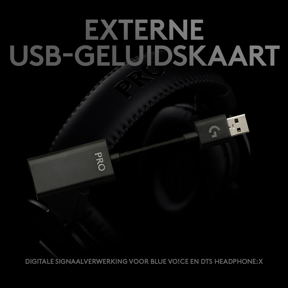 Een externe USB-geluidskaart en een headset worden weergegeven tegen een donkere achtergrond.
