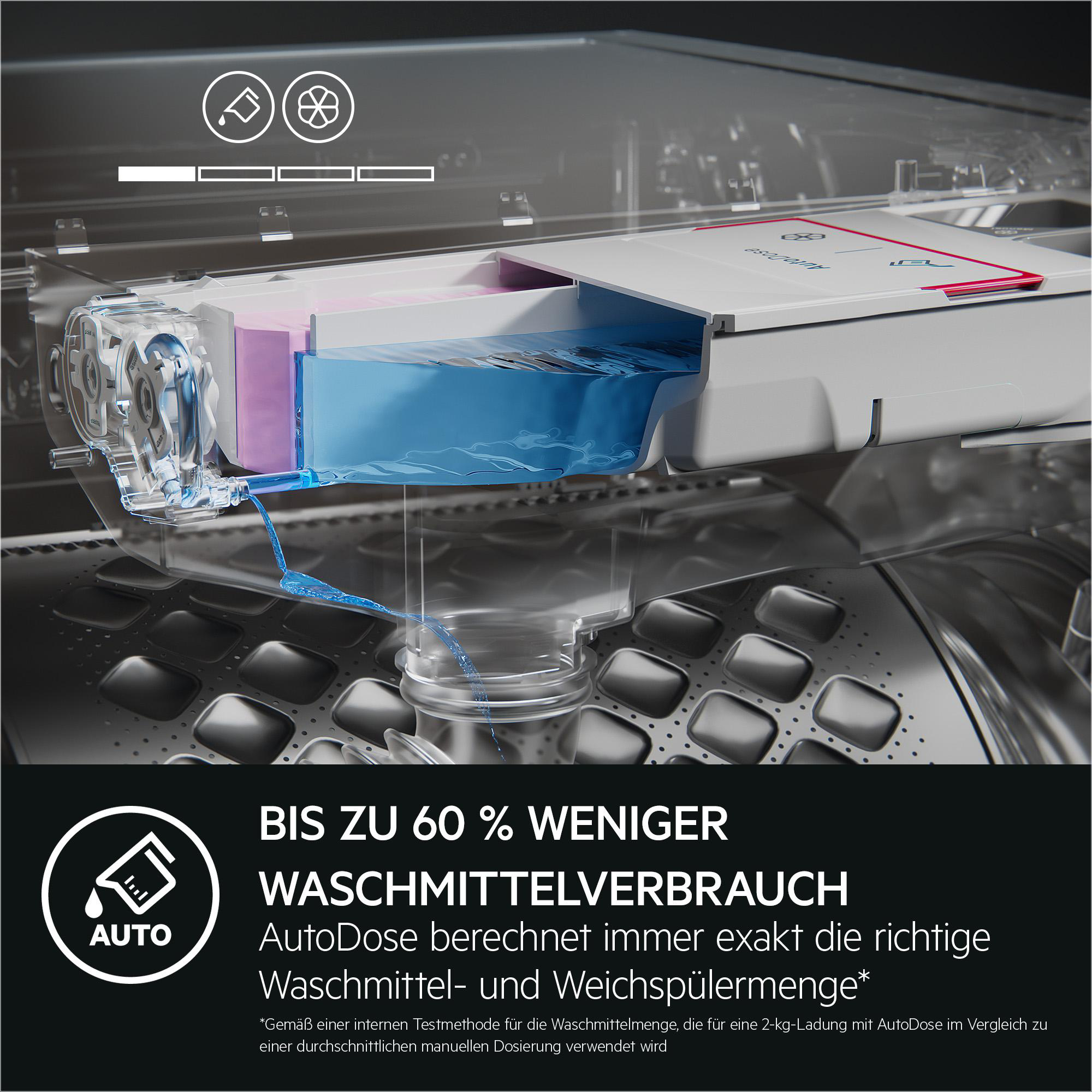 Nahaufnahme des Waschmaschineninneren mit Wasserfluss und Waschmittelabgabe.